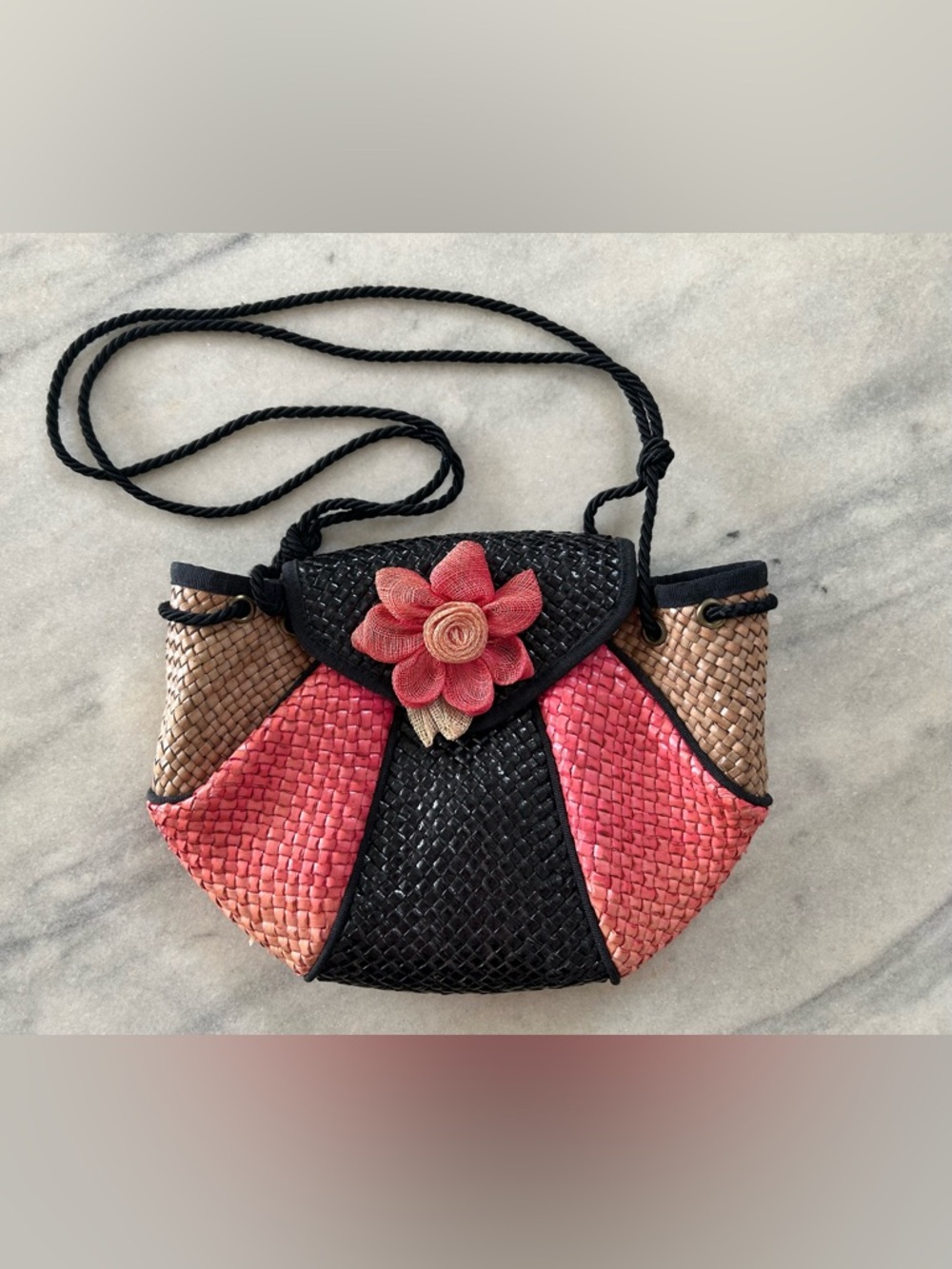 Vintage Carole M. Studio Woven Straw Handbag Pink Black Flower Embellished Lined